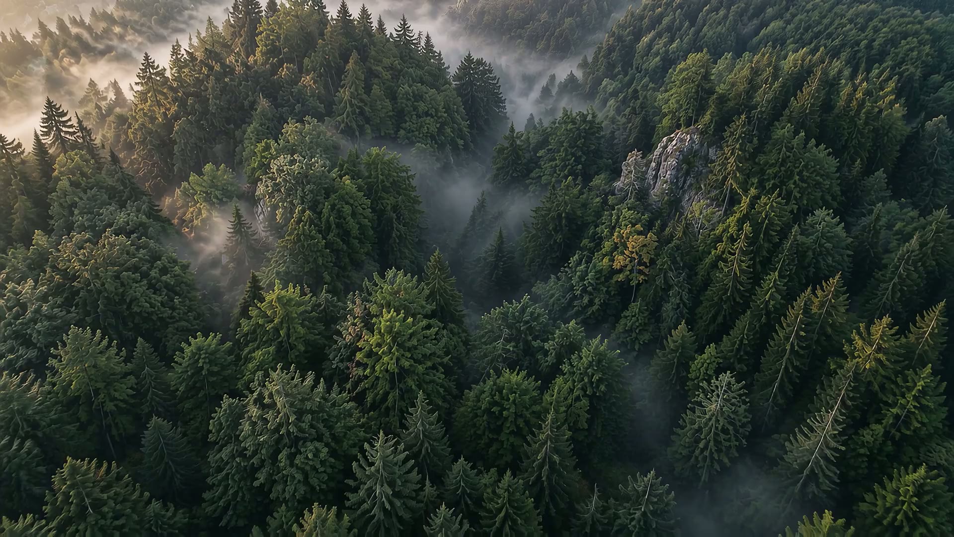 Luftaufnahme eines dichten Mischwaldes im Morgenlicht